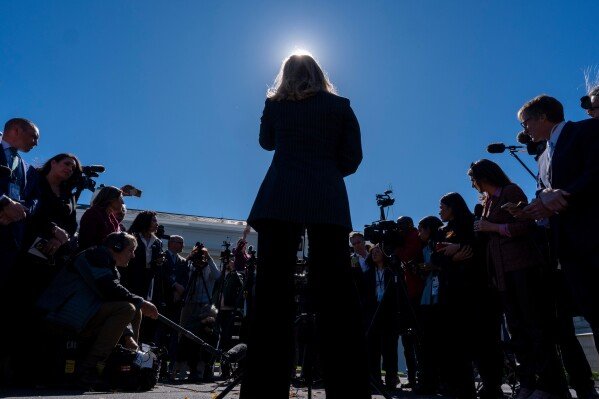 White House press secretary Karoline Leavitt speaks with reporters at the White House, Oct. 16, 2025, in Washington. (AP Photo/Alex Brandon)