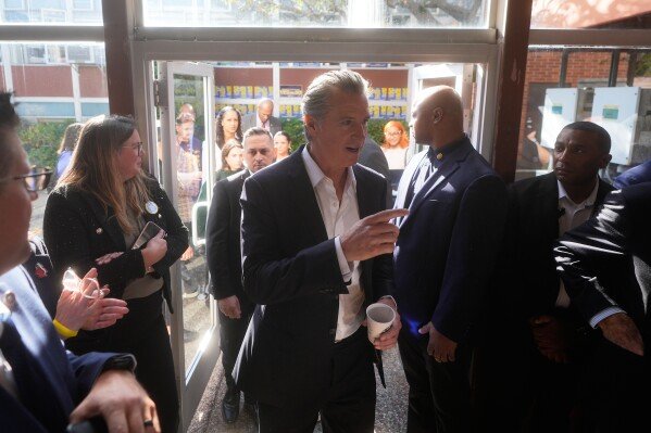 Gov. Gavin Newsom arrives at a campaign event on Proposition 50 in San Francisco, Monday, Nov. 3, 2025. (AP Photo/Jeff Chiu)