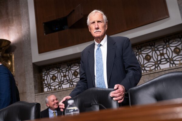 FILE - Sen. Angus King, I-Maine, arrives to a Senate Committee on Armed Services hearing on Capitol Hill in Washington, Oct. 9, 2025. (AP Photo/Allison Robbert, File)