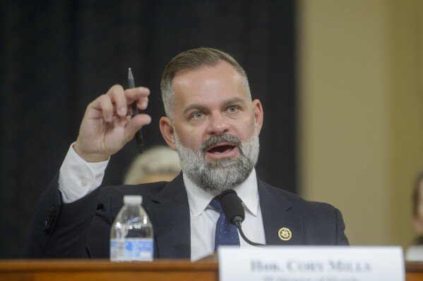 Rep. Cory Mills, R-Fla., testifies at the first public hearing of a bipartisan congressional task force investigating the assassination attempts against Republican presidential nominee former President Donald Trump, at Capitol Hill in Washington, Sept. 26, 2024.  (AP Photo/Rod Lamkey, Jr.)