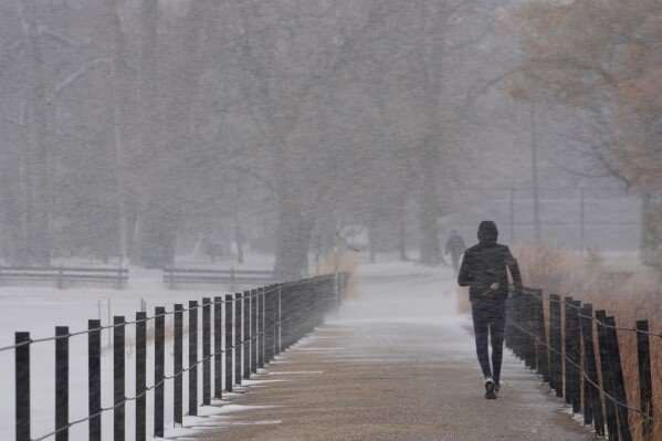 A person jogs along Lake Michigan in the snow Saturday, Nov. 29, 2025, in Chicago. (AP Photo/Kiichiro Sato)