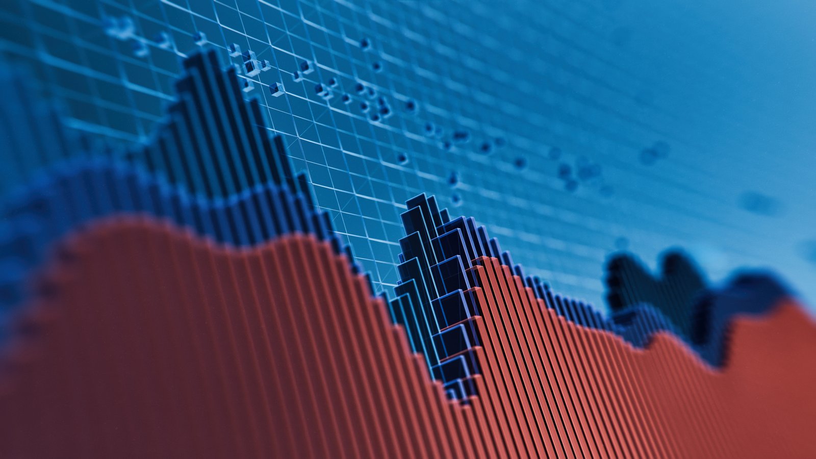 3-D image of a stock chart with red and blue bars