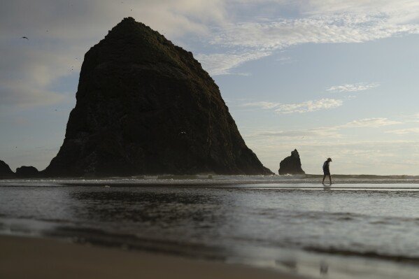 A man walks on the shore with Haystack Rock in the background at Cannon Beach, Ore., on Aug. 30, 2025. (AP Photo/Jenny Kane)