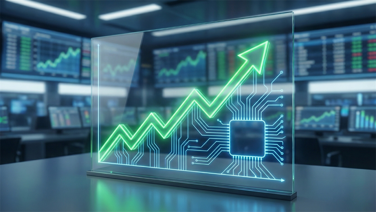 Glowing AI chip and upward stock chart inside a glass display, symbolizing AI-driven growth and bullish tech stocks.