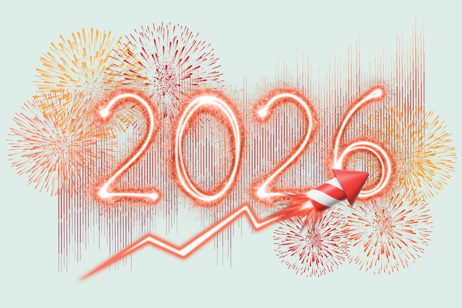 Illustration of the year 2026 written in red sparklers with fireworks and a firecracker flying upwards.