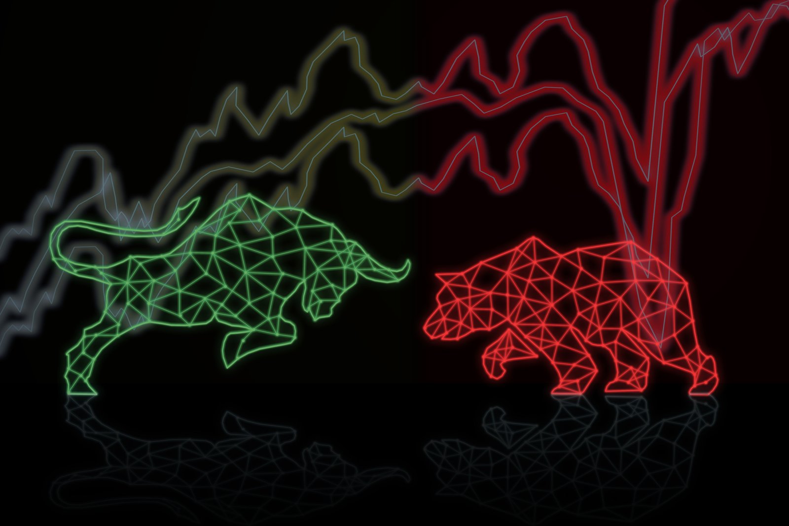 polygonal green bull red bear over stock market chart
