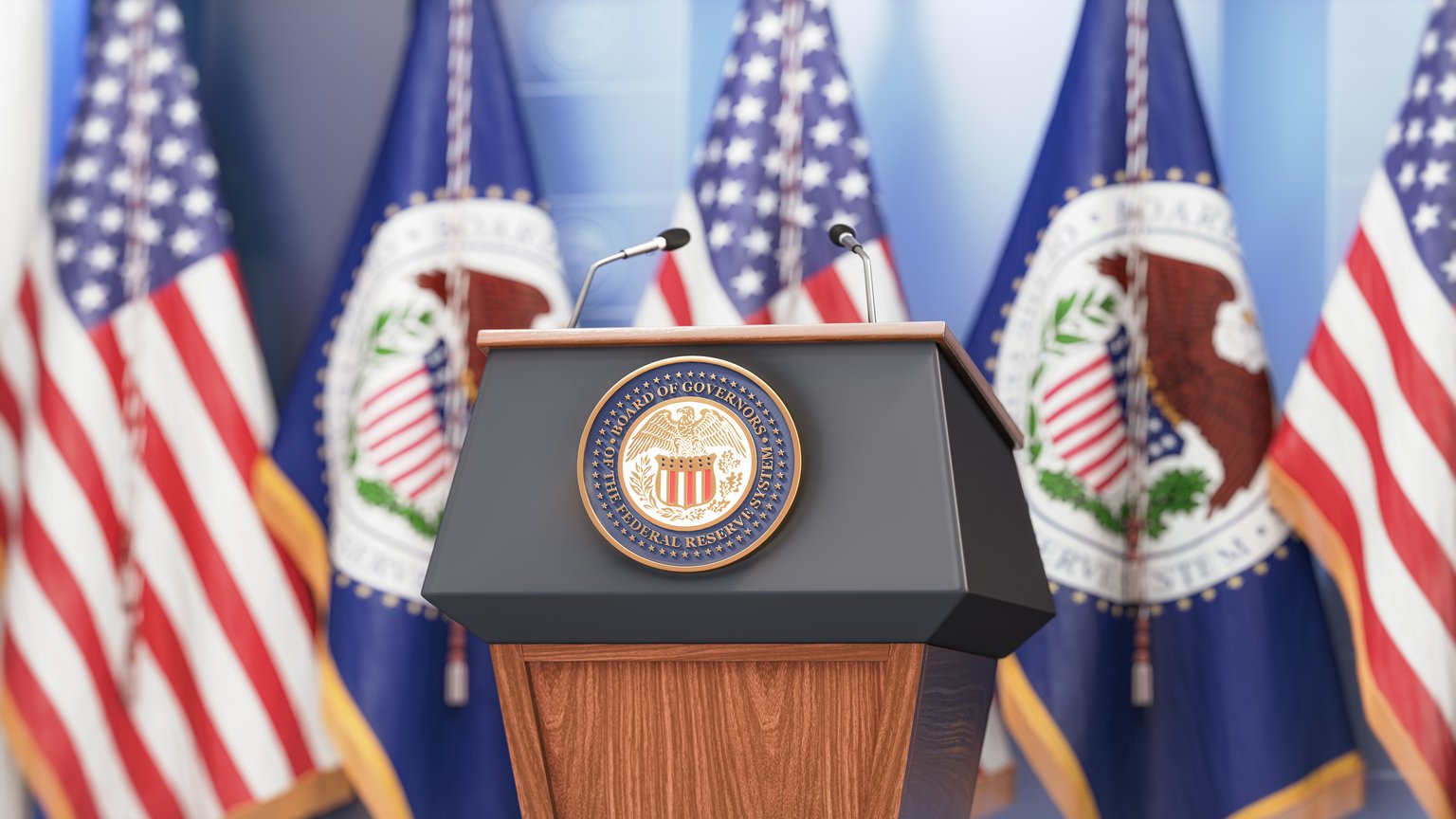 Federal Reserve System Fed of USA chairman press conference concept. Tribune with symbol and flag of FRS and United States.