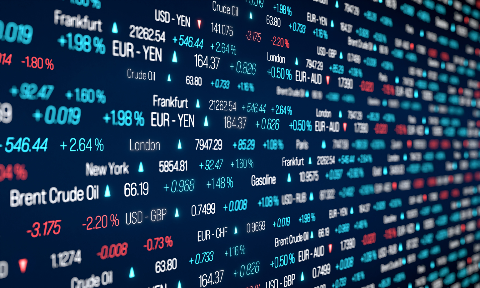 Stock market trading floor, stock index data, currency rates and commodity prices.