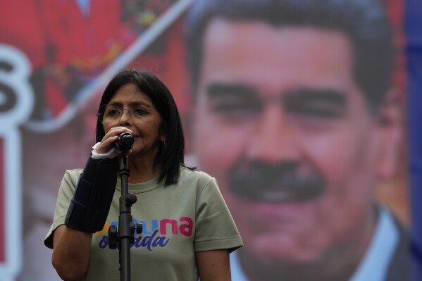 Vice President Delcy Rodriguez speaks to supporters during a rally in defense of a proposed bill titled, 