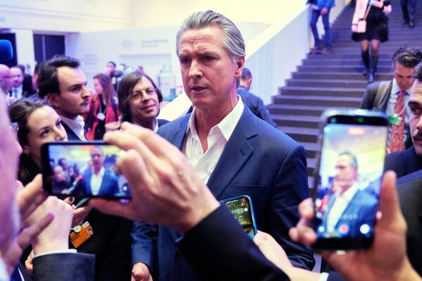 California Governor Gavin Newsom attends the Annual Meeting of the World Economic Forum in Davos, Switzerland, Tuesday, Jan. 20, 2026. (AP Photo/Markus Schreiber)