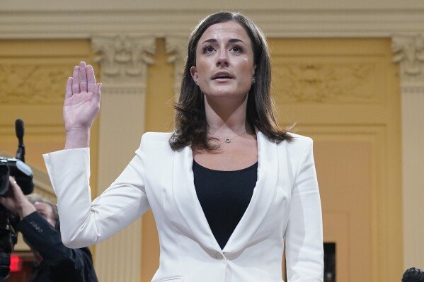 FILE - Cassidy Hutchinson, former aide to Trump White House chief of staff Mark Meadows, is sworn in to testify as the House select committee investigating the Jan. 6 attack on the U.S. Capitol continues to reveal its findings of a year-long investigation, at the Capitol in Washington, June 28, 2022. (AP Photo/Jacquelyn Martin, File)