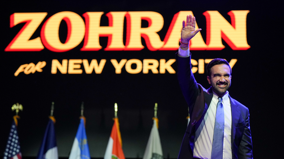 Zohran Mamdani, New York City mayoral candidate waves to supporters after winning the election