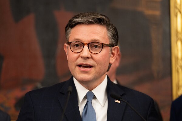 House Speaker Mike Johnson, R-La., speaks to members of the media at the U.S. Capitol, Thursday, Jan. 22, 2026, in Washington. (AP Photo/Allison Robbert)