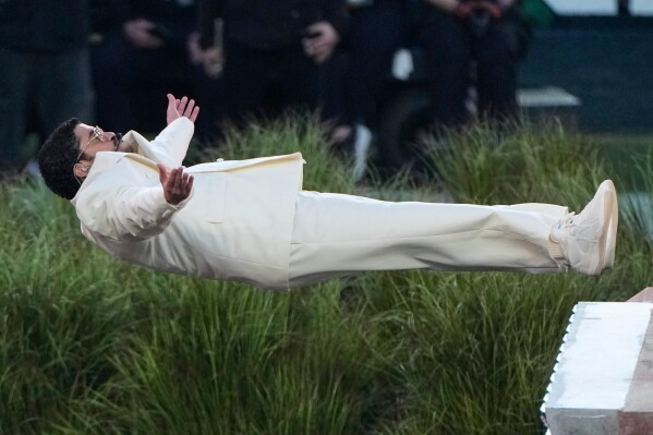 Bad Bunny performs during halftime of the NFL Super Bowl 60 football game between the New England Patriots and the Seattle Seahawks, Sunday, Feb. 8, 2026, in Santa Clara, Calif. (AP Photo/Charlie Riedel)
