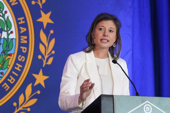 FILE - Rep. Maggie Goodlander, D-N.H., speaks during the McIntyre-Shaheen 100 Club Dinner, April 27, 2025, in Manchester, N.H. (AP Photo/Reba Saldanha)