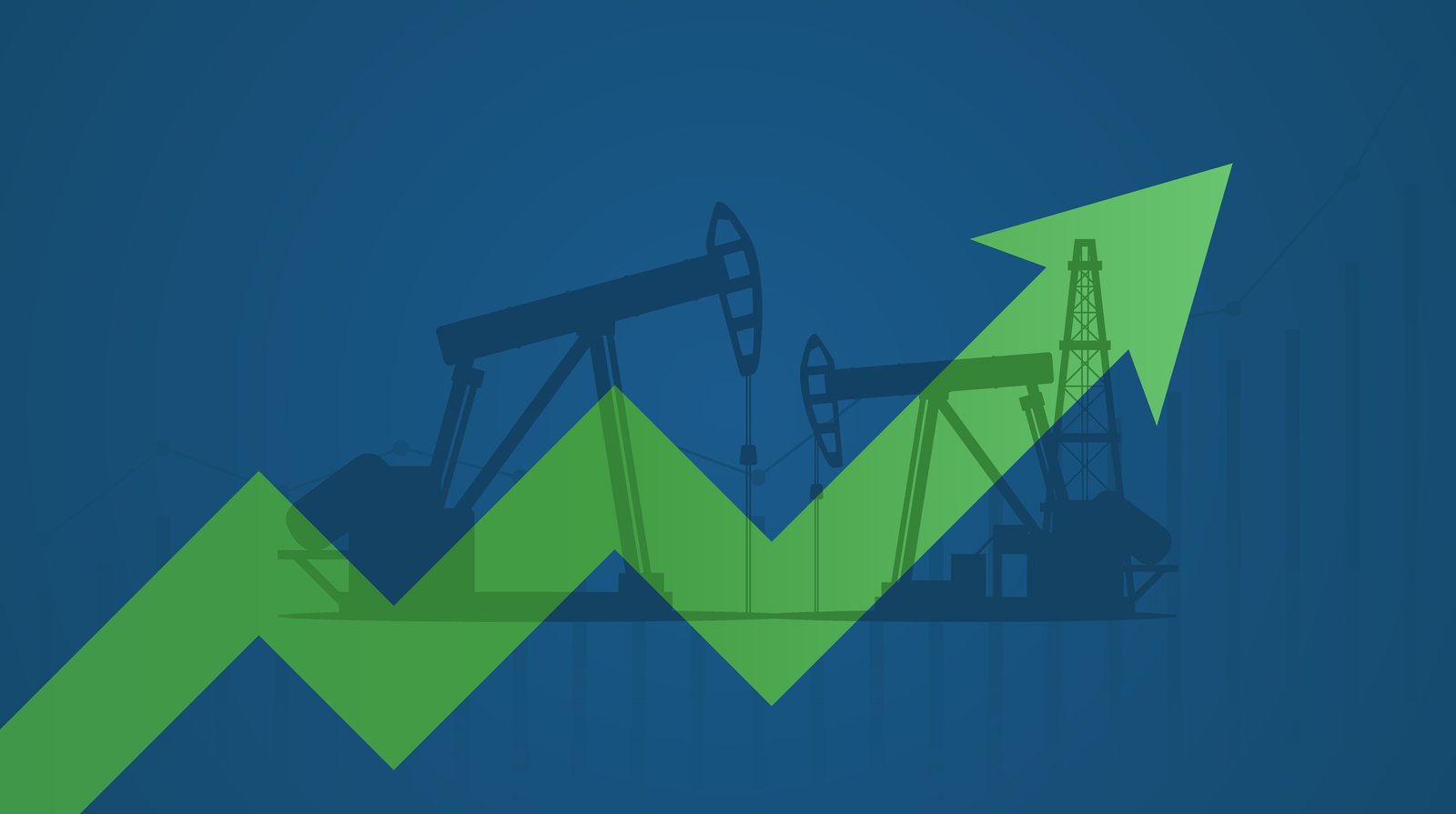 Oil pumps and up green arrows on blue background