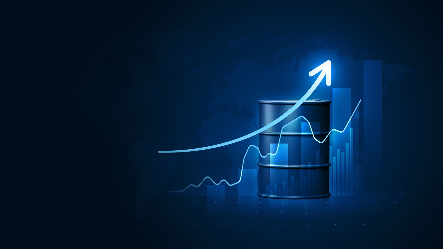 Growth arrow oil price graph of energy market business on gasoline petroleum global industrial background with fuel tank 3d barrel economy gas finance chart or power industry investment stock diagram.