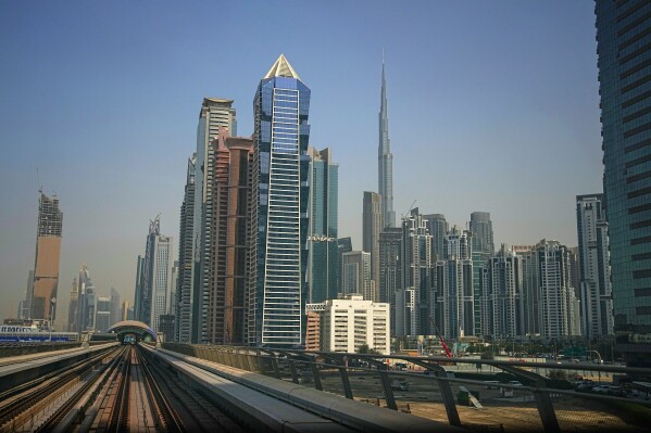 A view of Dubai's skyline in downtown Dubai, United Arab Emirates, Tuesday, March 3, 2026. (AP Photo/ Fatima Shbair)