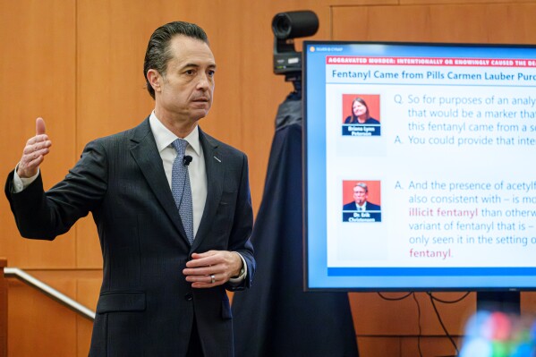 Summit County Prosecutor Brad Bloodworth presenting the state's final arguments in the trial of Kouri Richins, accused of poisoning her husband in March 2022, Monday, March 16, 2026, in Third District Court in Park City, Utah. (David Jackson/Pool Photo via AP)
