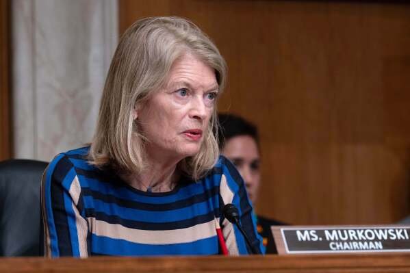 Sen. Lisa Murkowski, R-Alaska, chairman of the Senate Committee on Indian Affairs speaks at the oversight hearings to examine federal policies governing Indian water rights settlements, including S.953, to provide for the settlement of the water rights claims of the Navajo Nation, the Hopi Tribe, and the San Juan Southern Paiute Tribe on Capitol Hill, Wednesday, March 11, 2026, in Washington, (AP Photo/Jose Luis Magana)