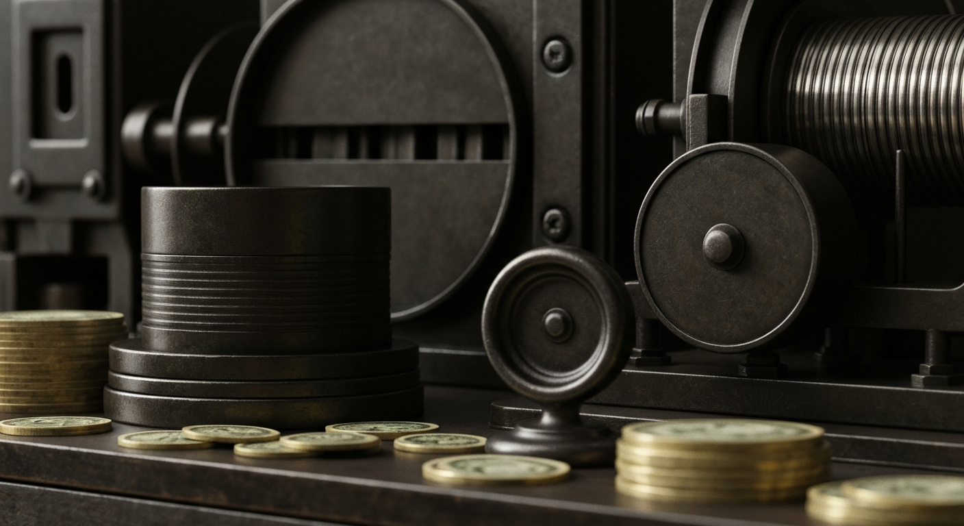 An extreme close-up of intricate, metallic banking machinery and mechanisms, conveying the complex, industrial nature of the financial system without using literal currency or charts.