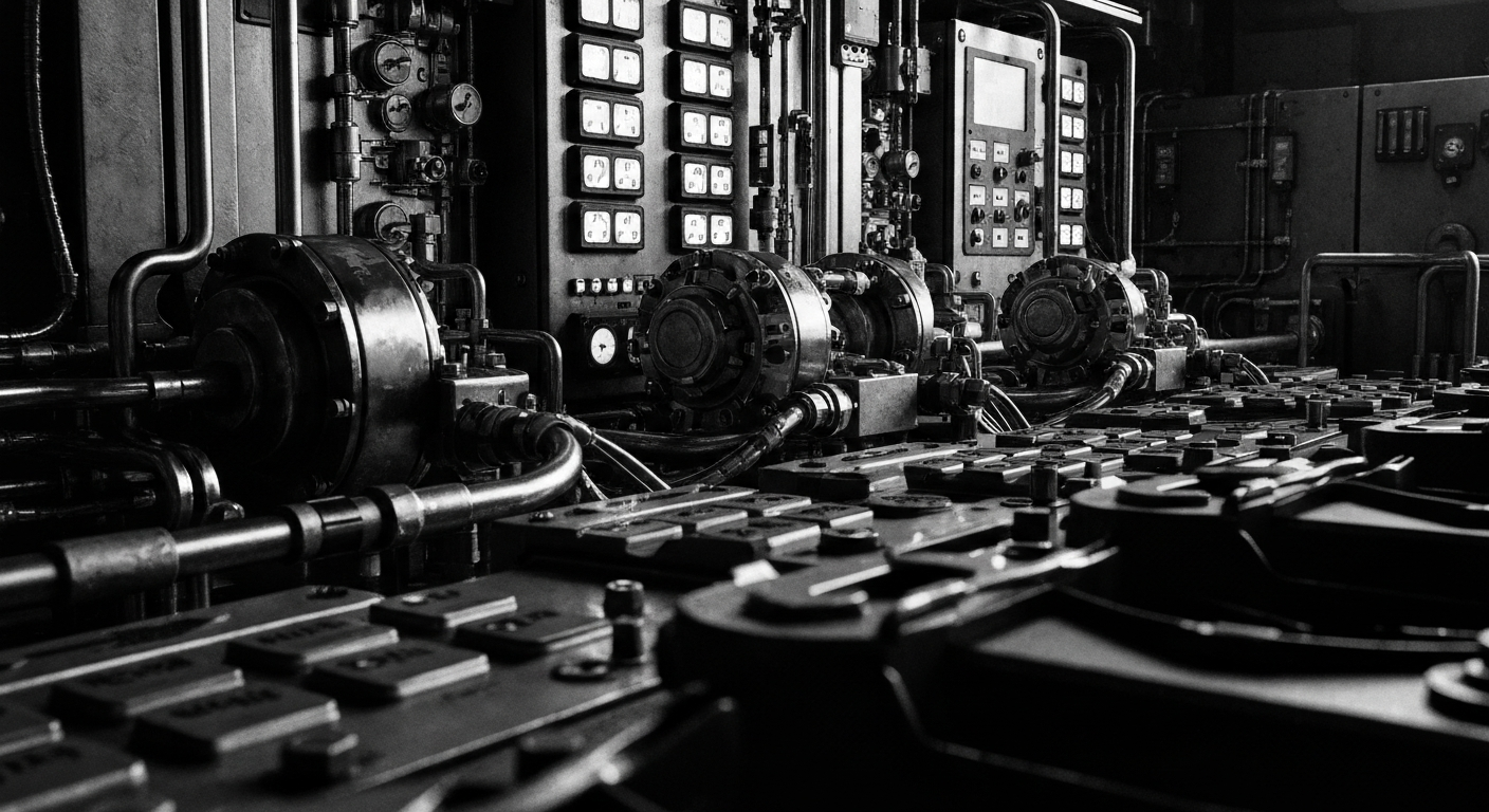 A dramatic, high-contrast close-up image of the complex machinery and control panels inside a nuclear reactor, conveying a sense of industrial power and precision without any text or identifiable elements.