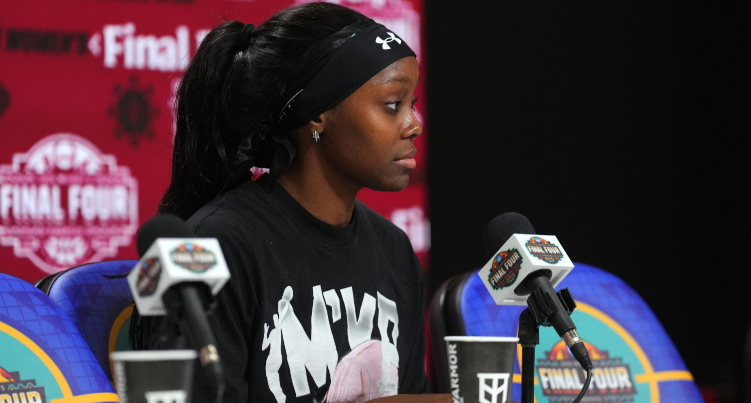 Apr 4, 2026; Phoenix, AZ, USA; South Caroline Gamecocks player Raven Johnson speaks to media during a Final Four National Championship press conference at Mortgage Matchup Center. Mandatory Credit: Joe Camporeale-Imagn Images