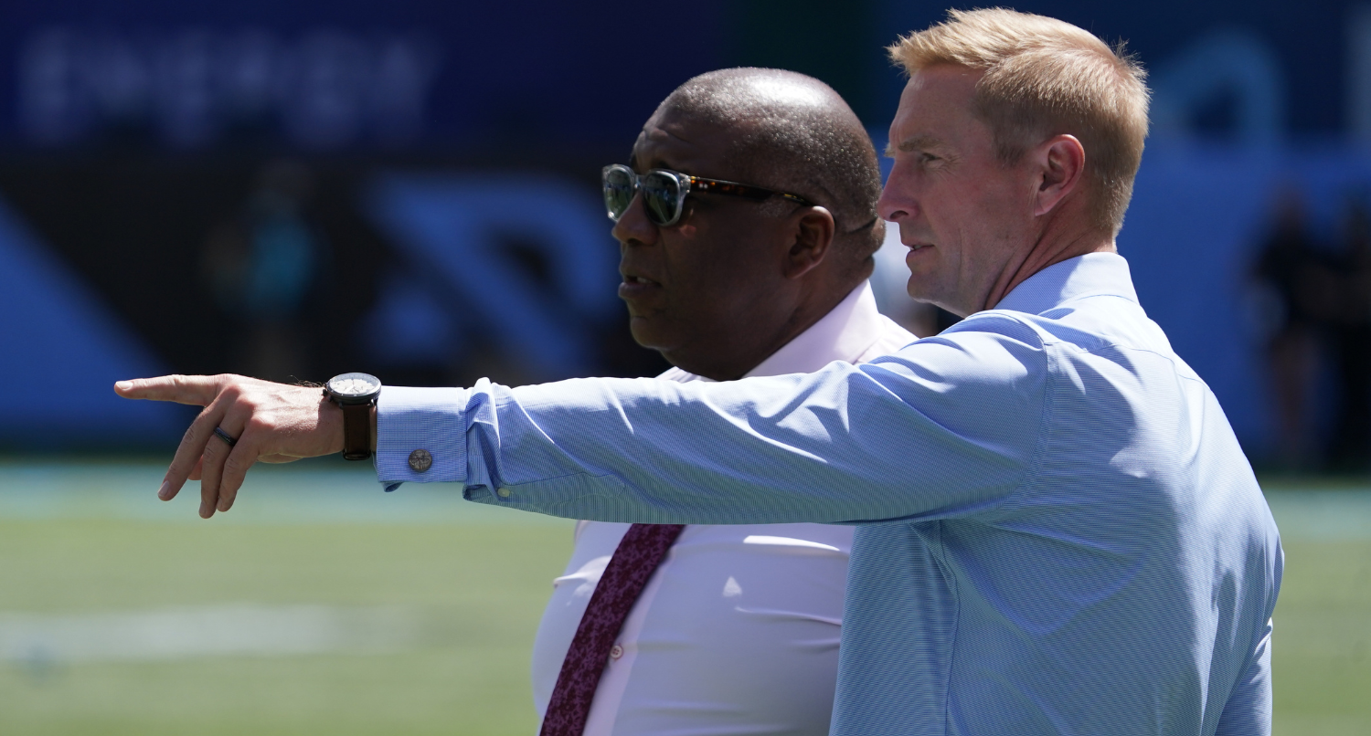 Mar 29, 2025; Arlington, TX, USA; Fox Sports broadcast team of Curt Menefee and Joel Klatt stand on the field prior to a game between the Arlington Renegades and the San Antonio Brahmas at Choctaw Stadium. Mandatory Credit: Raymond Carlin III-Imagn Images