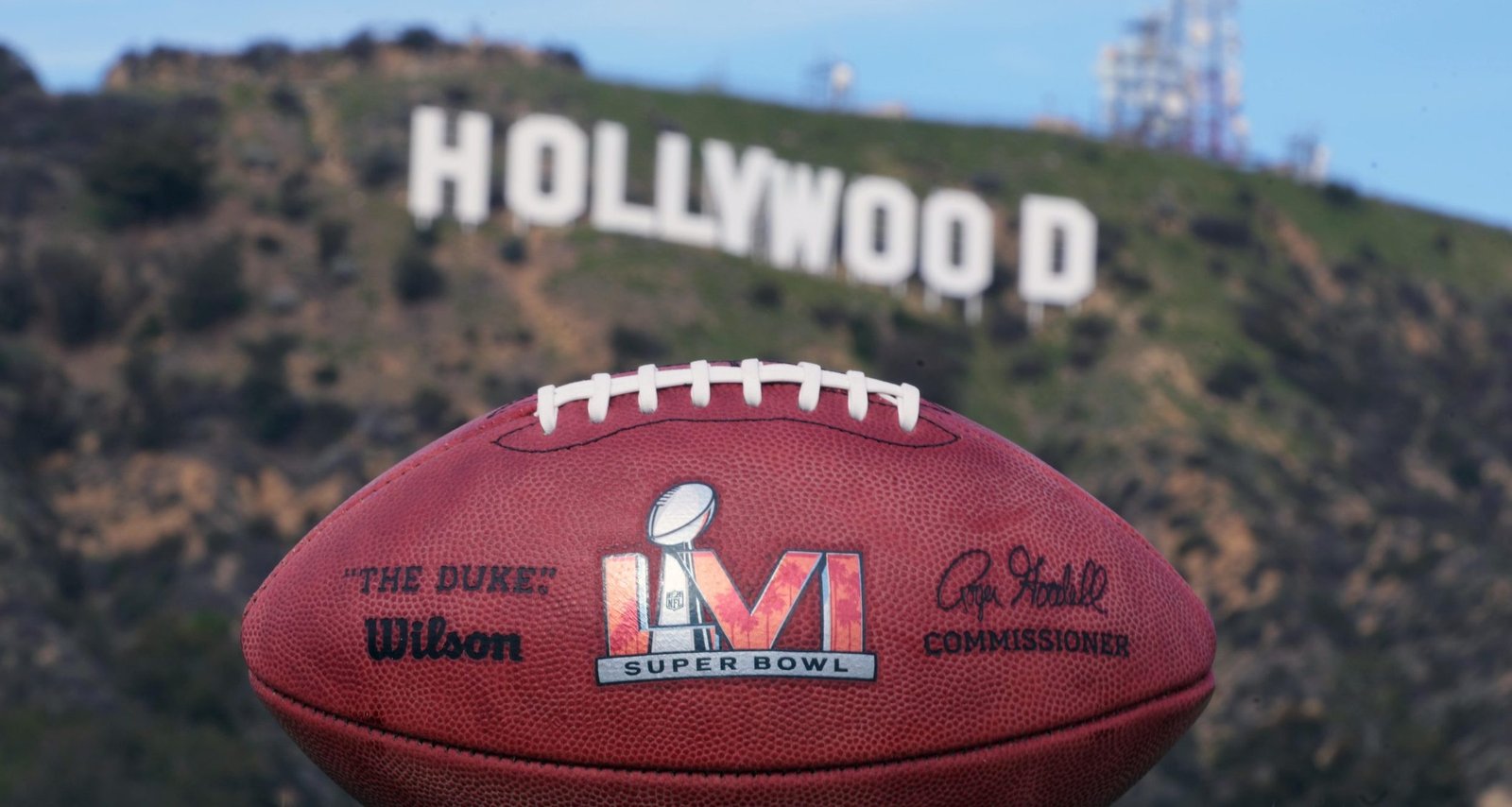 A NFL Wilson official Duke football with Super Bowl LVI logo is seen at the Hollywood sign