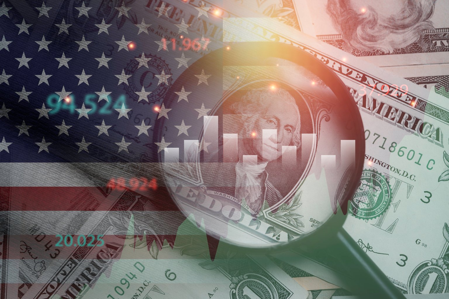 USD dollar banknote with USA flag and stock market graph chart for currency exchange and global trade forex concept.