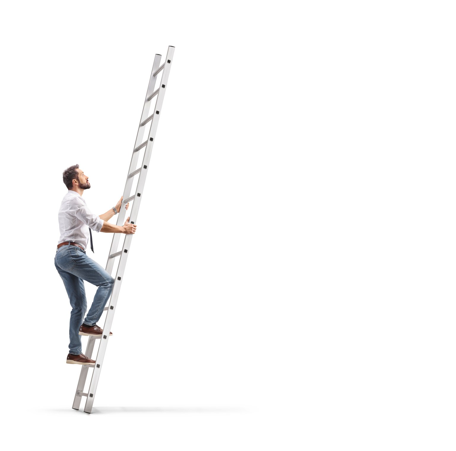 Side view of a man climbing a ladder