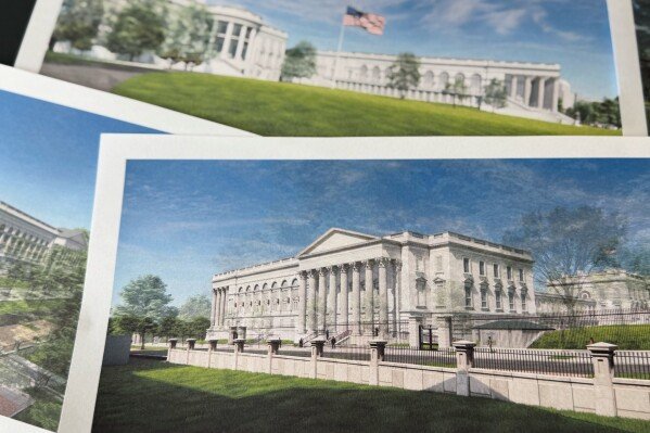Artist renderings of the new White House East Wing and Ballroom are photographed March 31, 2026. (AP Photo/Jon Elswick)