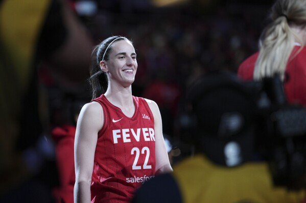 Indiana Fever's Caitlin Clark is introduced before a WNBA basketball game against the against the Atlanta Dream July 11, 2025, in Indianapolis. (AP Photo/AJ Mast, File)