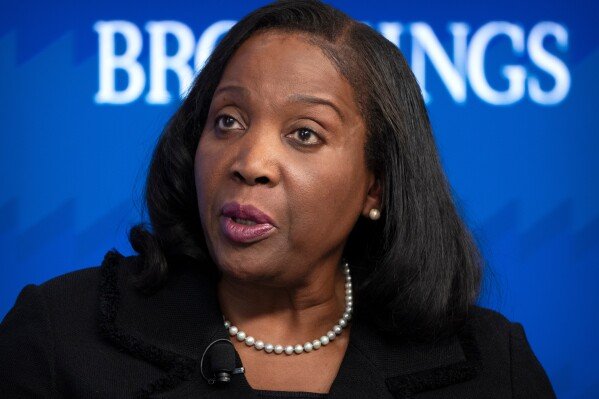 Lisa Cook, a Federal Reserve Board of Governors member, speaks during an event at the Brookings Institution, Nov. 3, 2025, in Washington. (AP Photo/Mark Schiefelbein, File)