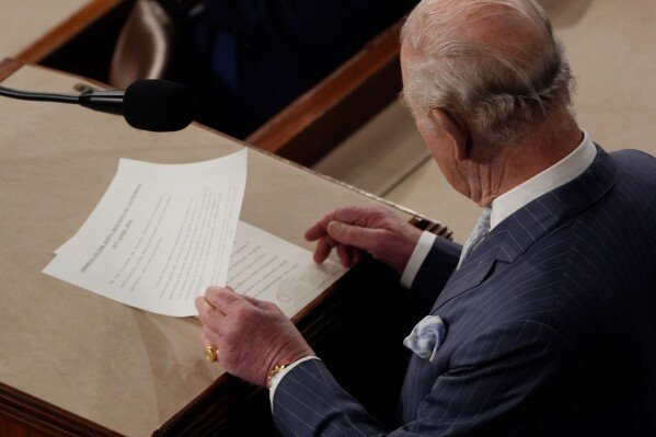 Britain's King Charles III looks over his remarks before speaking to a joint meeting of Congress in the House Chamber at the U.S. Capitol, Tuesday, April 28, 2026, in Washington. (AP Photo/Pablo Martinez Monsivais)