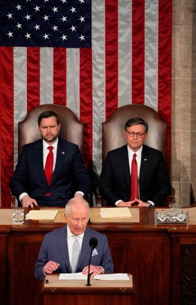 Britain's King Charles III speaks to a joint meeting of Congress in the House Chamber at the U.S. Capitol, Tuesday, April 28, 2026, in Washington. (AP Photo/Pablo Martinez Monsivais)