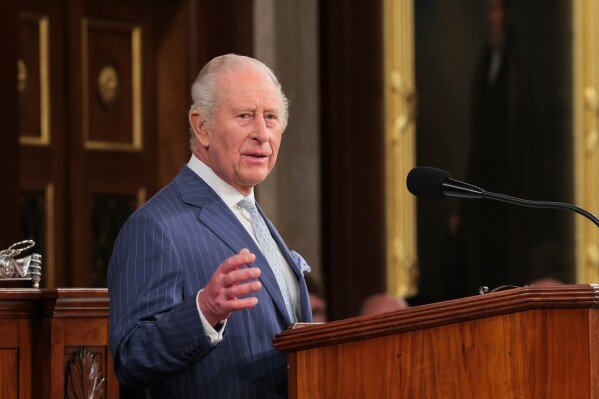 Britain's King Charles III addresses a joint meeting of Congress in the House Chamber of the U.S. Capitol in Washington, Tuesday, April 28, 2026. (Kylie Cooper/Pool via AP)