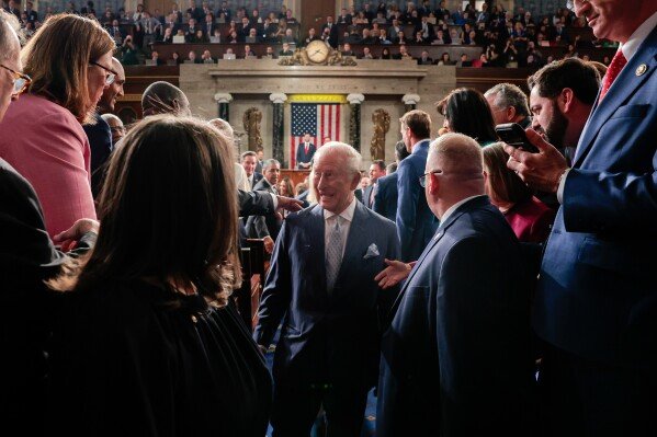 Britain's King Charles III leaves after addressing a joint meeting of Congress in the House Chamber at the U.S. Capitol, Tuesday, April 28, 2026, in Washington. (Kylie Cooper/Pool via AP)