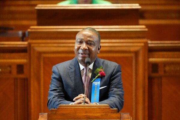FILE - Democrat State Sen. Cleo Fields speaks during the swearing in of the Louisiana state legislature in Baton Rouge, La., Jan. 8, 2024. (AP Photo/Gerald Herbert, Pool, File)
