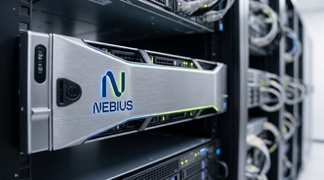 A Nebius-branded server unit mounted in a data center equipment rack.