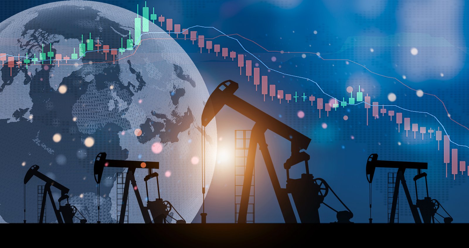 Oil and Energy Crisis Concept on chart over a world map , Stock price fell, Stock Market Volatility