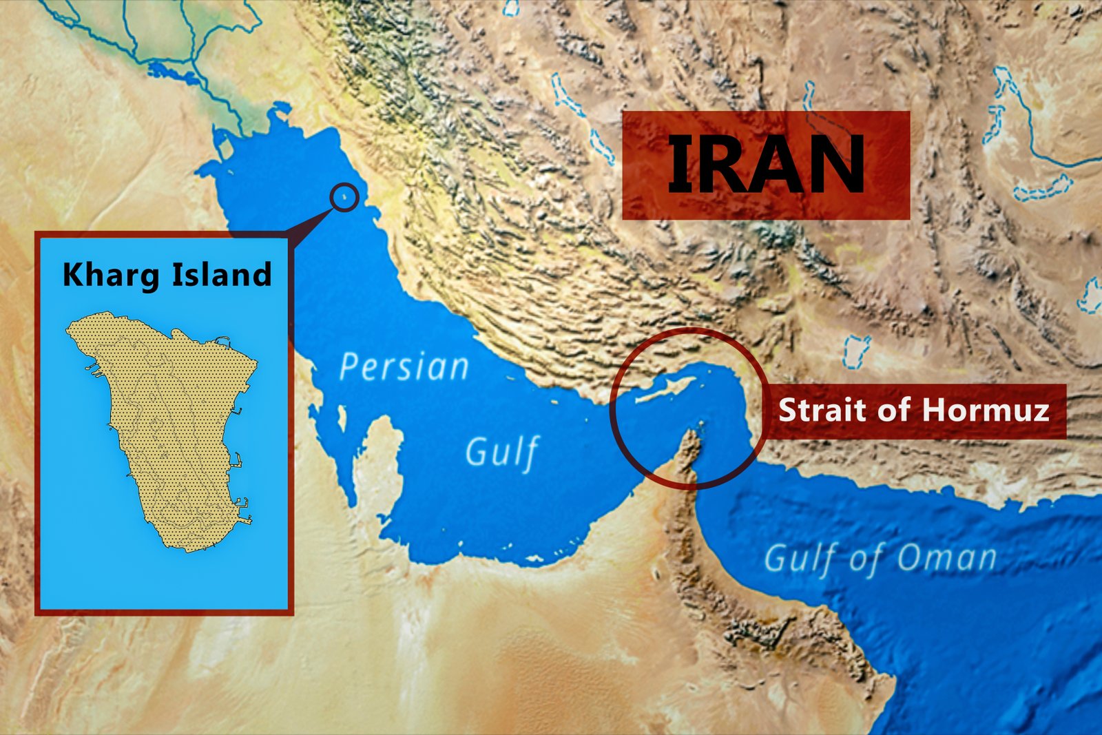 Geographical map showing Kharg Island positioned in the Persian Gulf off the coast of Iran relative to the Strait of Hormuz