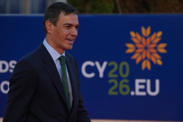 Spain's Prime Minister Pedro Sanchez arrives for the EU Summit in Ayia Napa, Cyprus, Thursday, April 23, 2026. (AP Photo/Petros Karadjias)