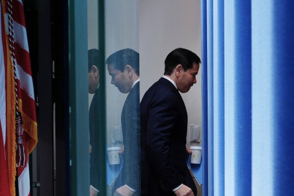 Secretary of State Marco Rubio leaves after speaking with reporters in the James Brady Press Briefing Room at the White House, Tuesday, May 5, 2026, in Washington. (AP Photo/Jacquelyn Martin)