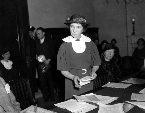 FILE - In this March 1, 1934 file photo, renowned birth control pioneer Margaret Sanger appeals before a Senate committee for federal birth-control legislation in Washington, D.C. (AP Photo/File)