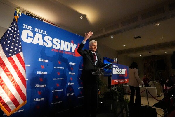 Sen. Bill Cassidy, R-La., speaks to supporters during an election night watch party Saturday, May 16, 2026, in Baton Rouge, La. (AP Photo/Gerald Herbert)