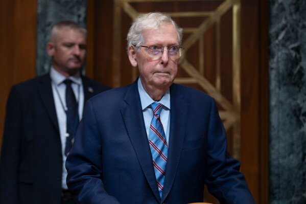 Sen. Mitch McConnell, R-Ky., chair of the Senate Defense Appropriations Subcommittee, arrives for a hearing on President Donald Trump's funding requests for the Army, at the Capitol in Washington, Tuesday, May 19, 2026. (AP Photo/J. Scott Applewhite)
