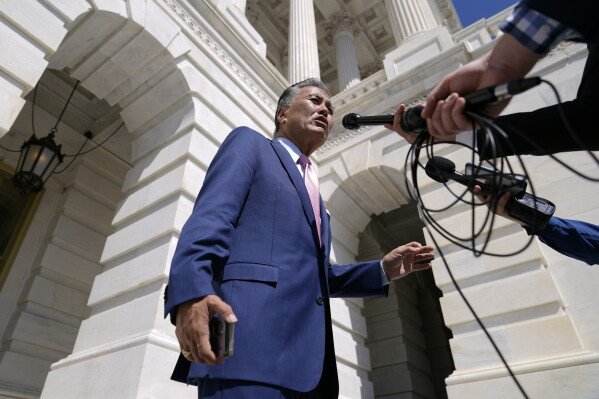 Rep. Mark Takano, D-Calif., speaks with reporters after attending a Congressional Progressive Caucus news conference as the House meets to consider the Inflation Reduction Act, Aug. 12, 2022, on Capitol Hill in Washington. (AP Photo/Patrick Semansky, File)