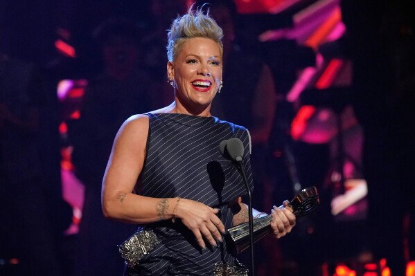 Pink accepts the Icon award at the iHeartRadio Music Awards in Los Angeles on March 27, 2023. (AP Photo/Chris Pizzello, File)