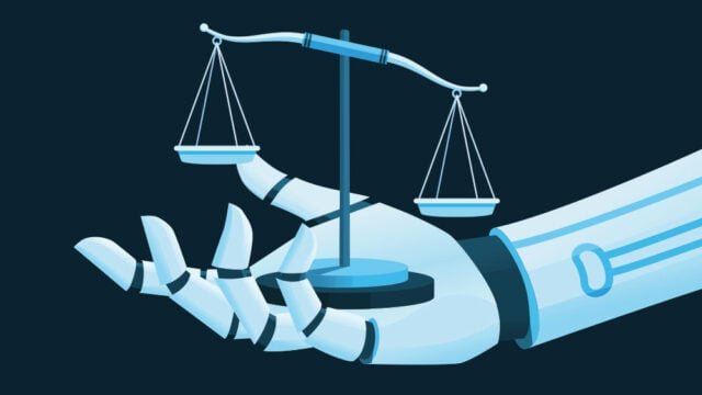 AI Law Policy Regulation Illustration Concept Robot Hand and Scale Law Artificial Intelligence Moral Ethic Vector Design